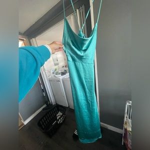 Stunning teal blue satin dress.